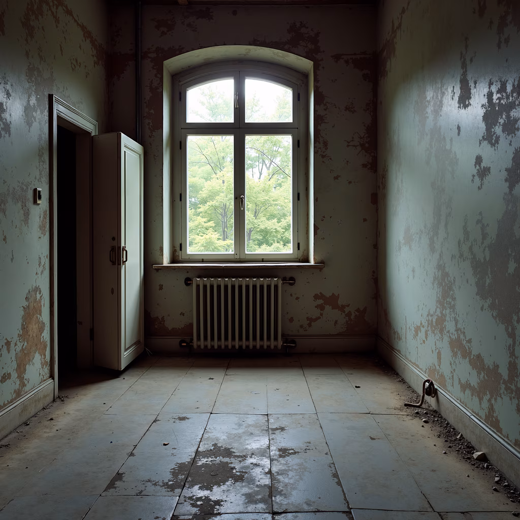 An abandoned room with peeling paint and an arched window allowing natural light into a decaying interior.