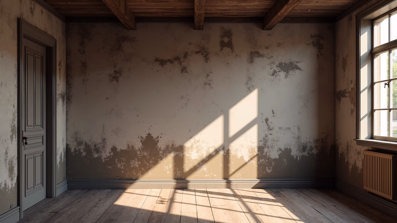 An abandoned room with peeling paint and sunlight casting geometric shadows, illustrating decay and neglect.