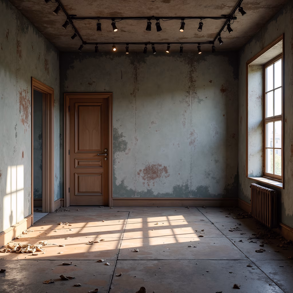 Peeling paint, abandoned room, urban decay, natural light, shadows, neglect
