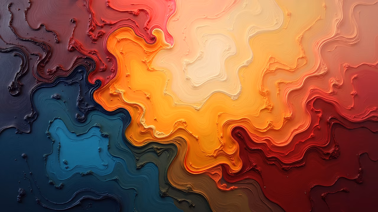 Vibrant abstract painting with swirling patterns in deep blues, rich reds, warm oranges, and earthy browns.