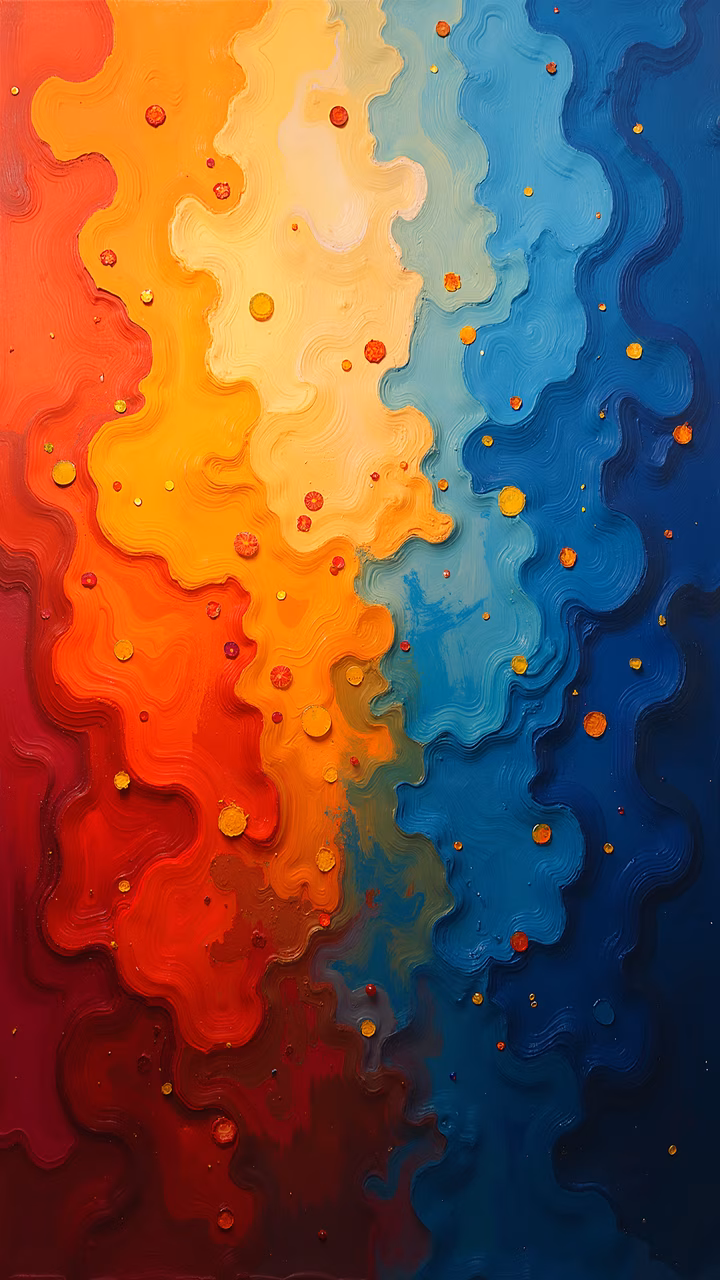 Vibrant abstract waves in red, orange, yellow, and blue with golden dots, dynamic brushstrokes, energetic composition.