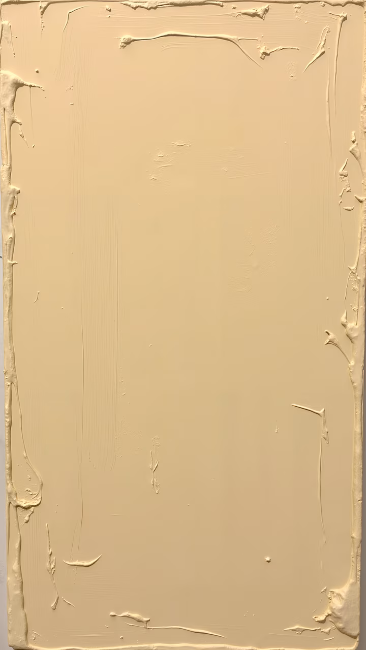 Minimalist abstract expressionist painting with neutral beige tones and textured brushstrokes.