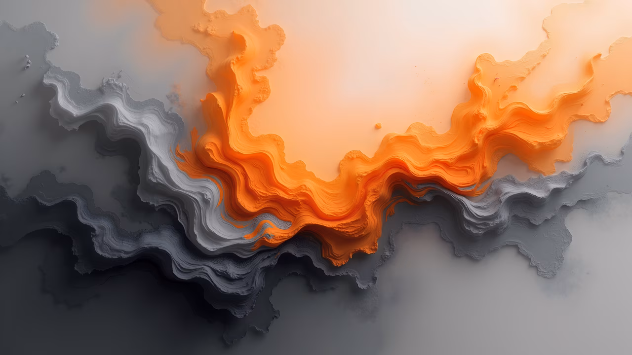 Dynamic abstract illustration with flowing waves in shades of orange and gray, evoking movement and energy.