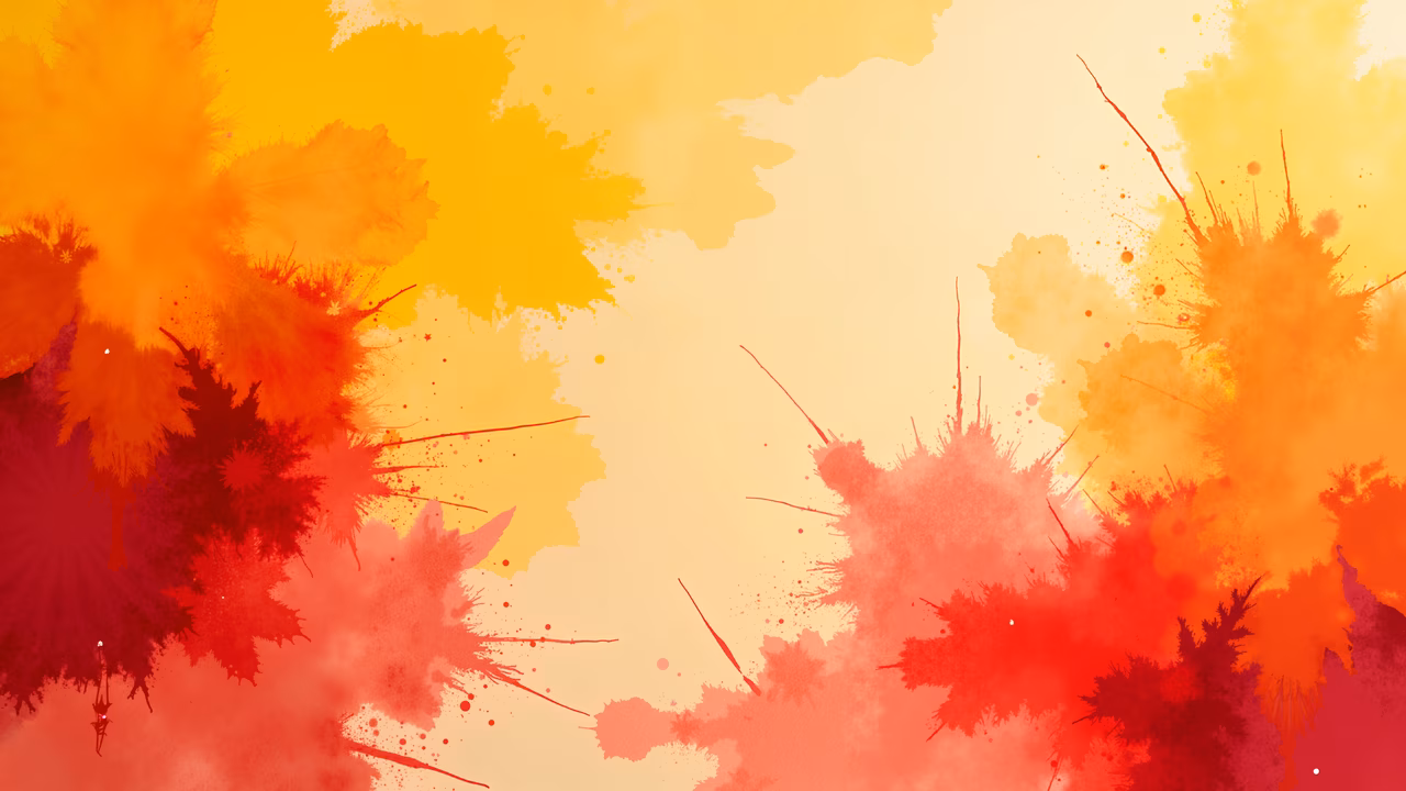 Vibrant abstract splashes in red and orange hues on a beige background