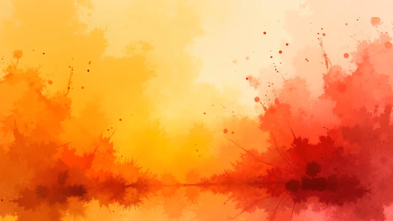 Vibrant abstract splashes in orange and red hues, fluid brushstrokes, spontaneous energy