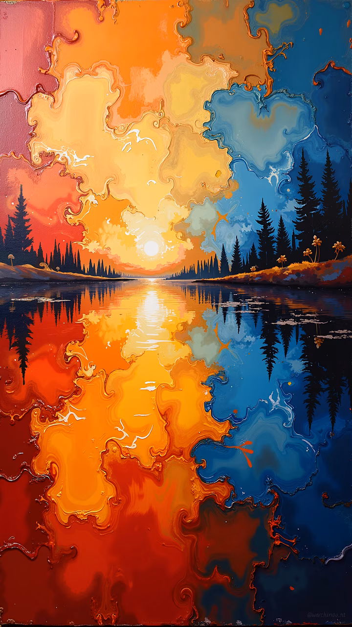 Abstract sunset reflection with vibrant colors and serene landscape