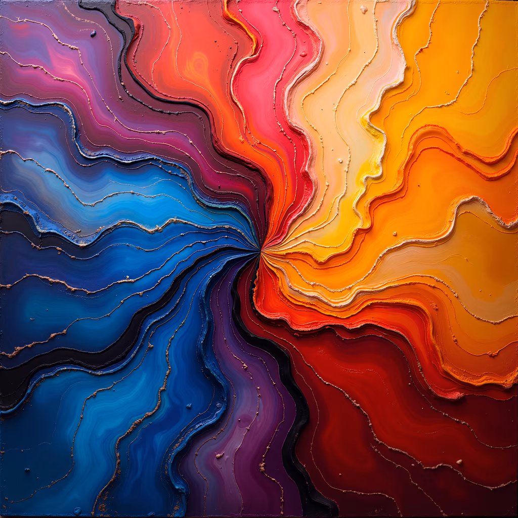 Vibrant abstract swirls in deep blues, rich reds, and warm oranges.
