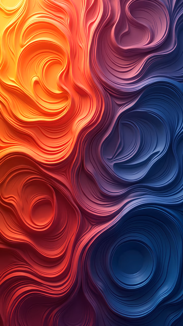Vibrant abstract swirls in orange, red, and blue, creating a dynamic and energetic composition.