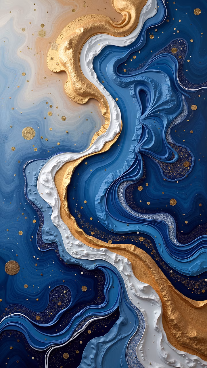 Mesmerizing abstract artwork with swirling patterns in blue and gold, evoking a sense of luxury and depth.