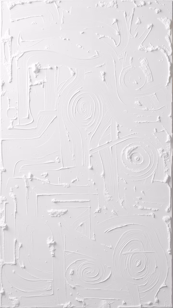 Monochromatic abstract painting with white brushstrokes and geometric shapes, minimalist yet dynamic.