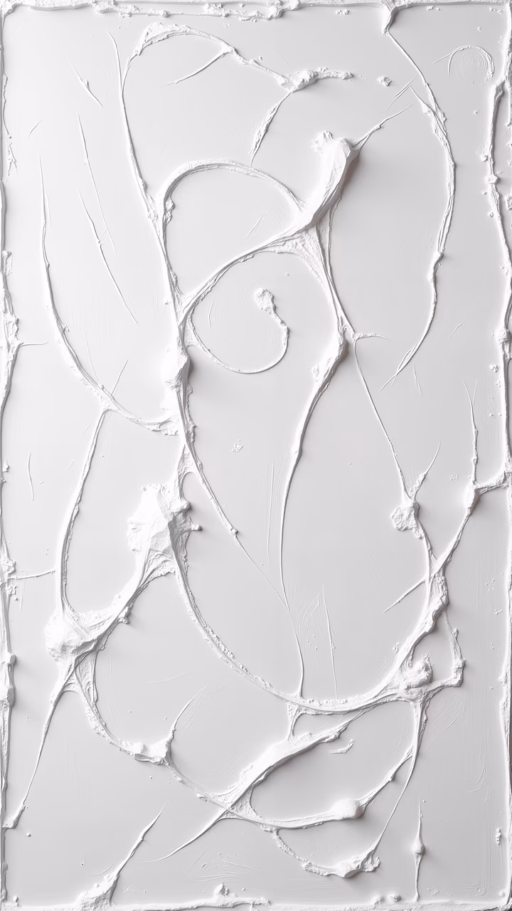 Abstract white painting with swirling forms and textured brushstrokes