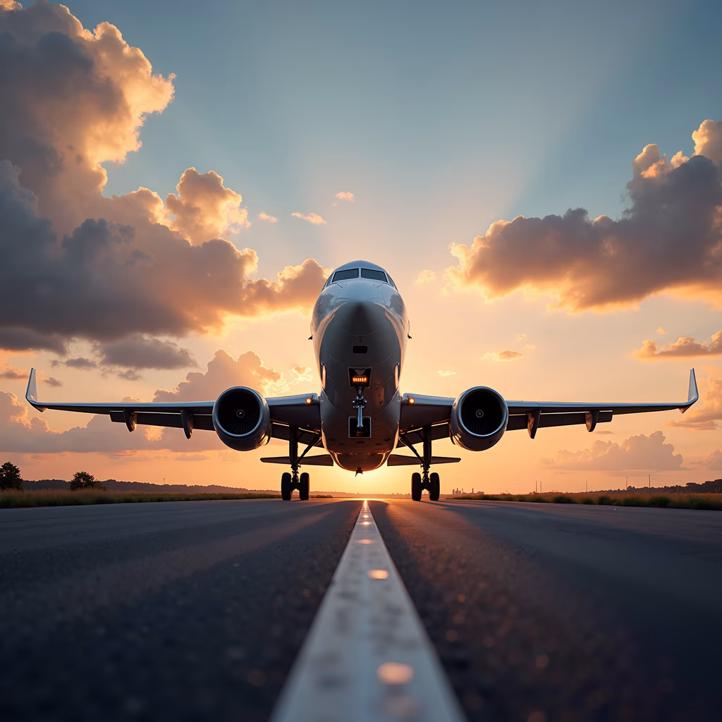 Aircraft taking off at sunset, vibrant colors, dramatic clouds, travel excitement