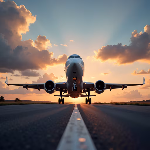 Airplane Takeoff at Sunset