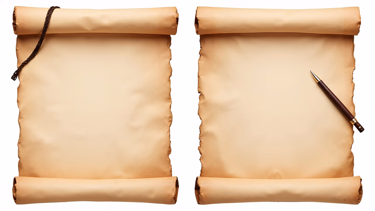 Two ancient scrolls with a quill pen, evoking history and storytelling.