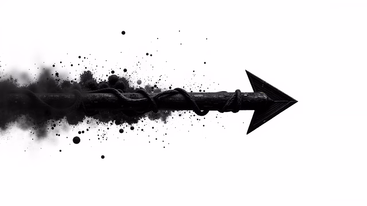 Minimalist black arrow with rope, stark contrast, artistic tension