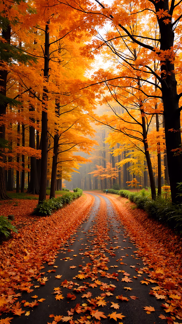 A peaceful autumn forest path with vibrant orange and yellow leaves, a serene landscape with a person walking.