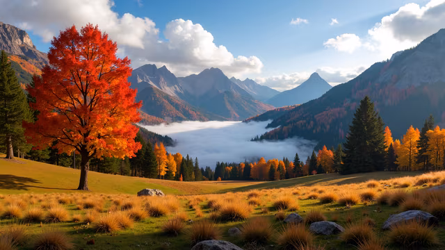 Autumn Landscape with Red Tree