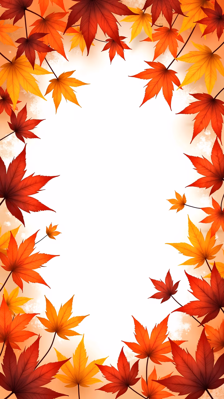 Vibrant autumn leaves in shades of red and orange, arranged in a circular pattern around the edges of the image, with a soft gradient background.