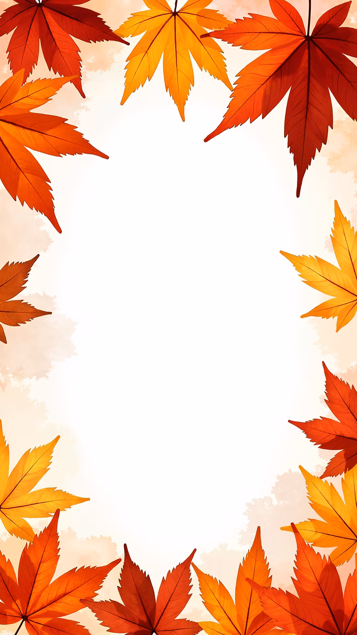 Vibrant autumn leaves in shades of red and orange, arranged in a circular pattern against a soft, pastel background.