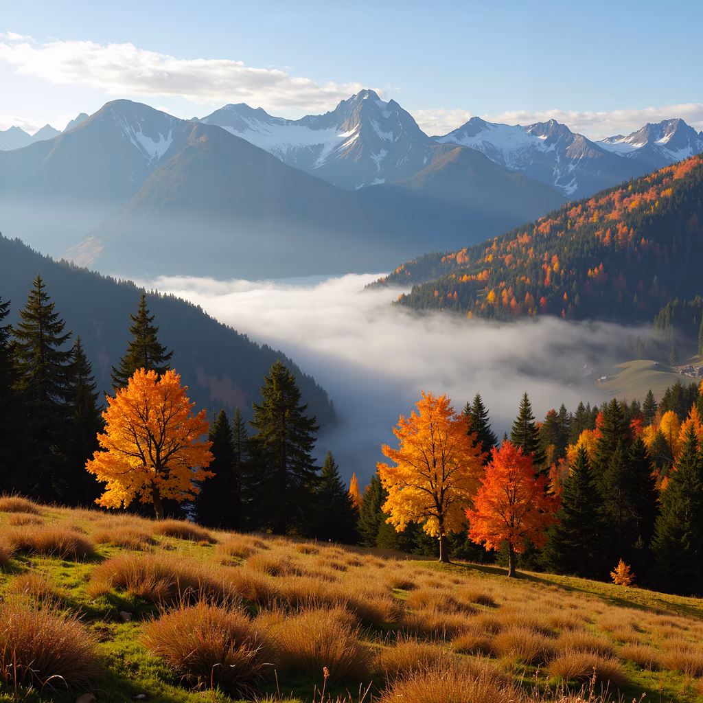 Vibrant autumn trees amidst misty mountains, bathed in golden light.