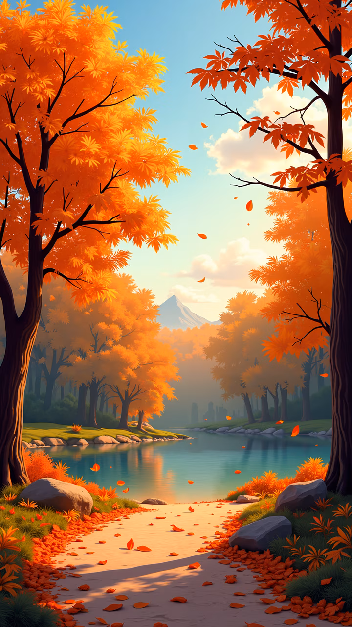 Vibrant autumn landscape with colorful leaves and a peaceful path leading to a serene lake and distant mountains.