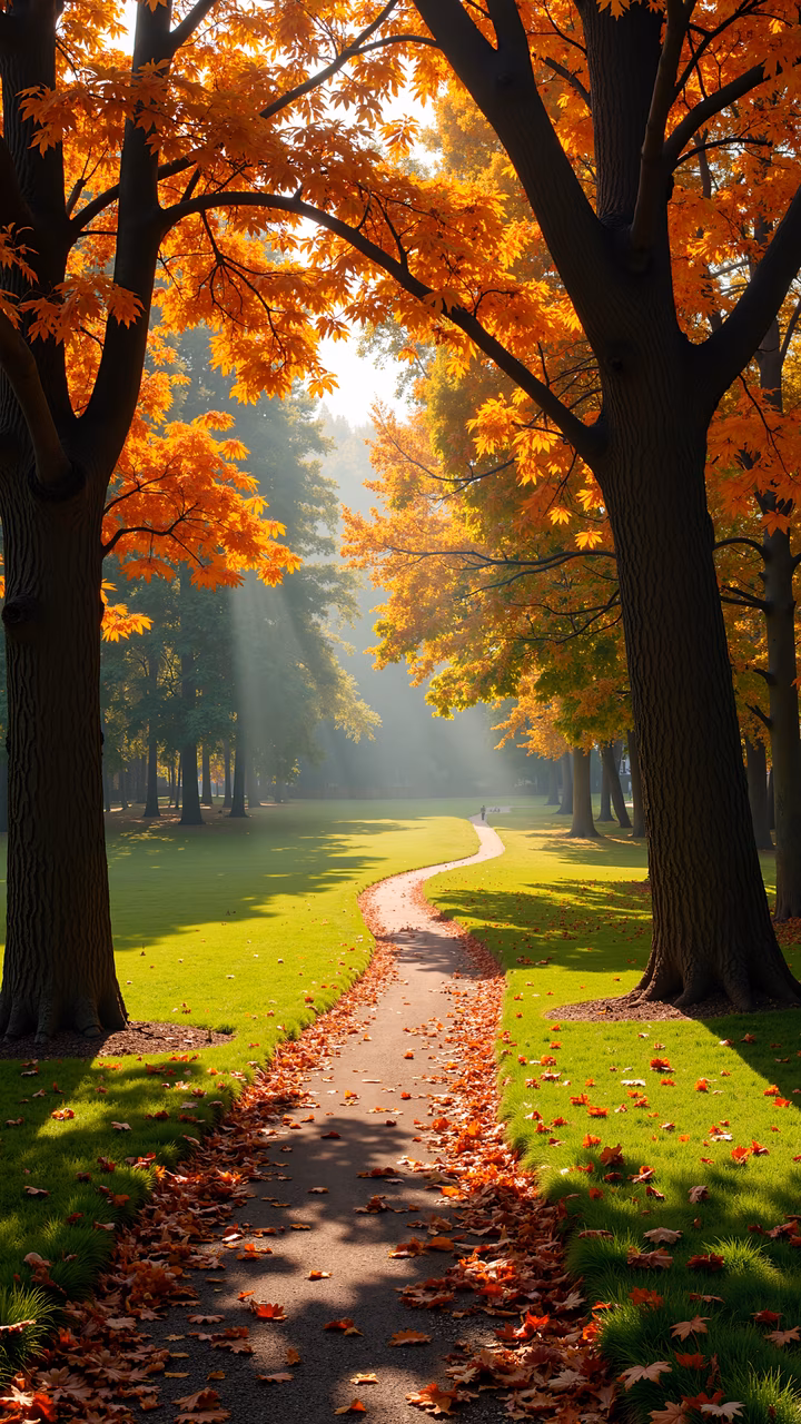 A peaceful autumn pathway surrounded by colorful trees, bathed in soft sunlight, creating a serene landscape.
