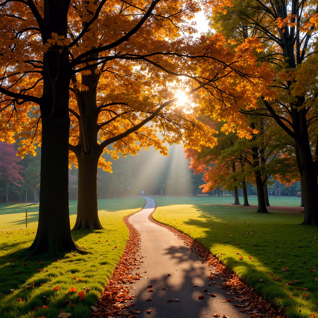 A tranquil autumn pathway with vibrant foliage and dappled sunlight, perfect for nature lovers and autumn enthusiasts.