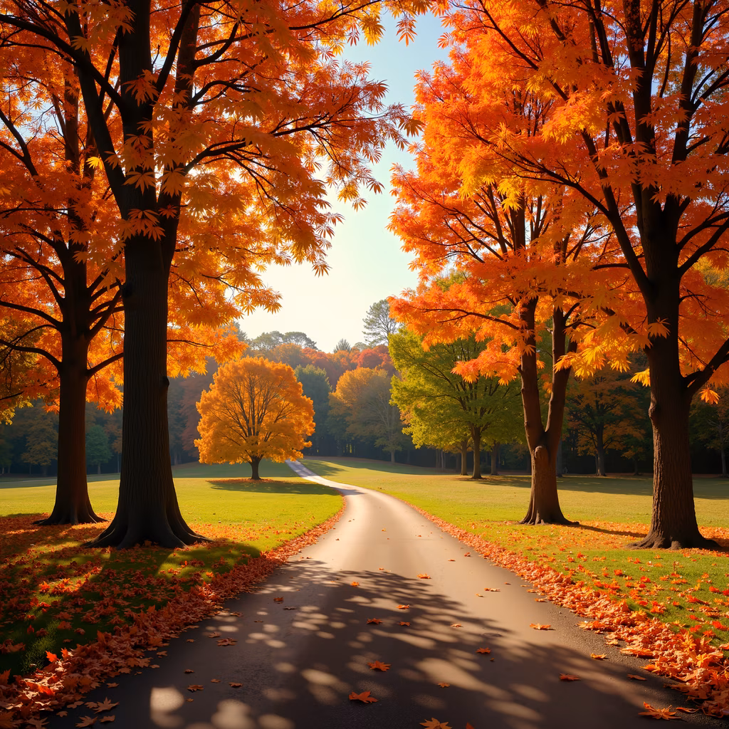 Vibrant autumn trees lining a peaceful pathway under warm sunlight.