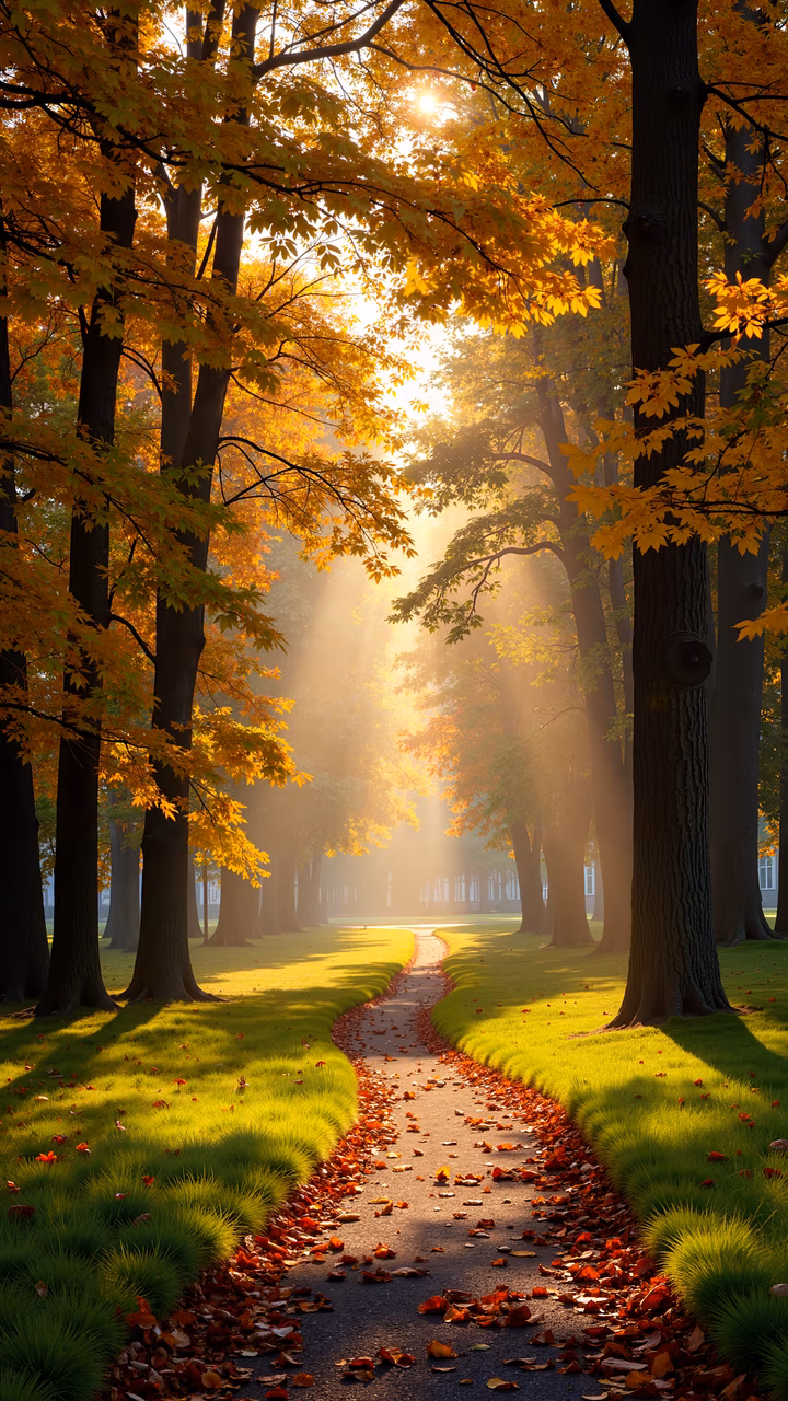 A tranquil autumn pathway lined with golden and orange trees, illuminated by the sun's warm glow.