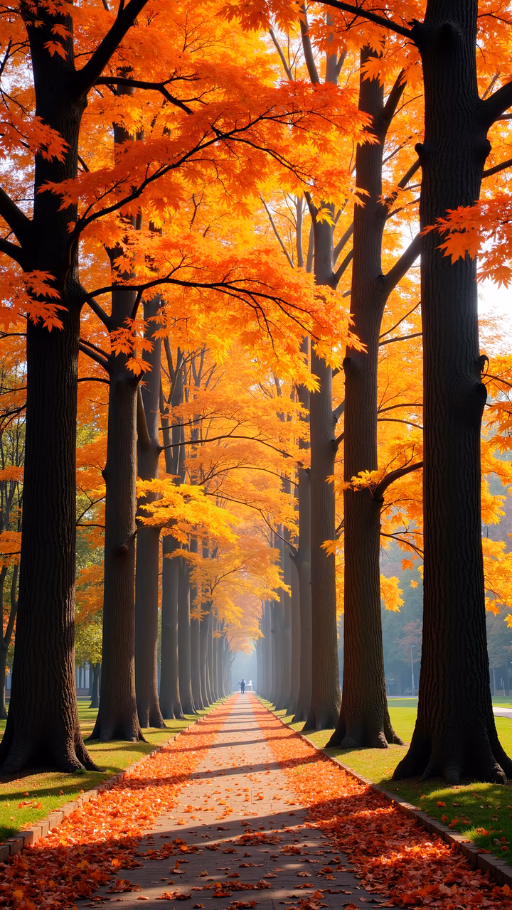 A tranquil autumn pathway surrounded by colorful trees, perfect for nature lovers and photographers.