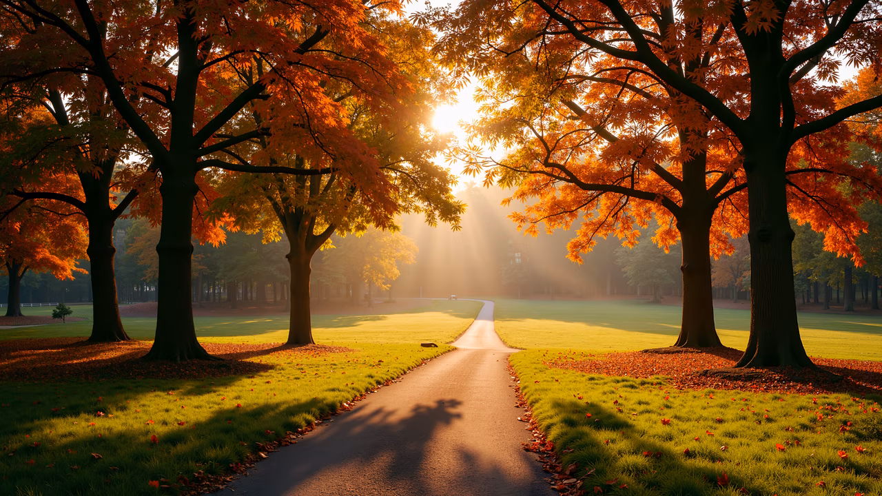 A tranquil autumn pathway with vibrant leaves and golden sunlight, perfect for nature lovers and autumn enthusiasts.