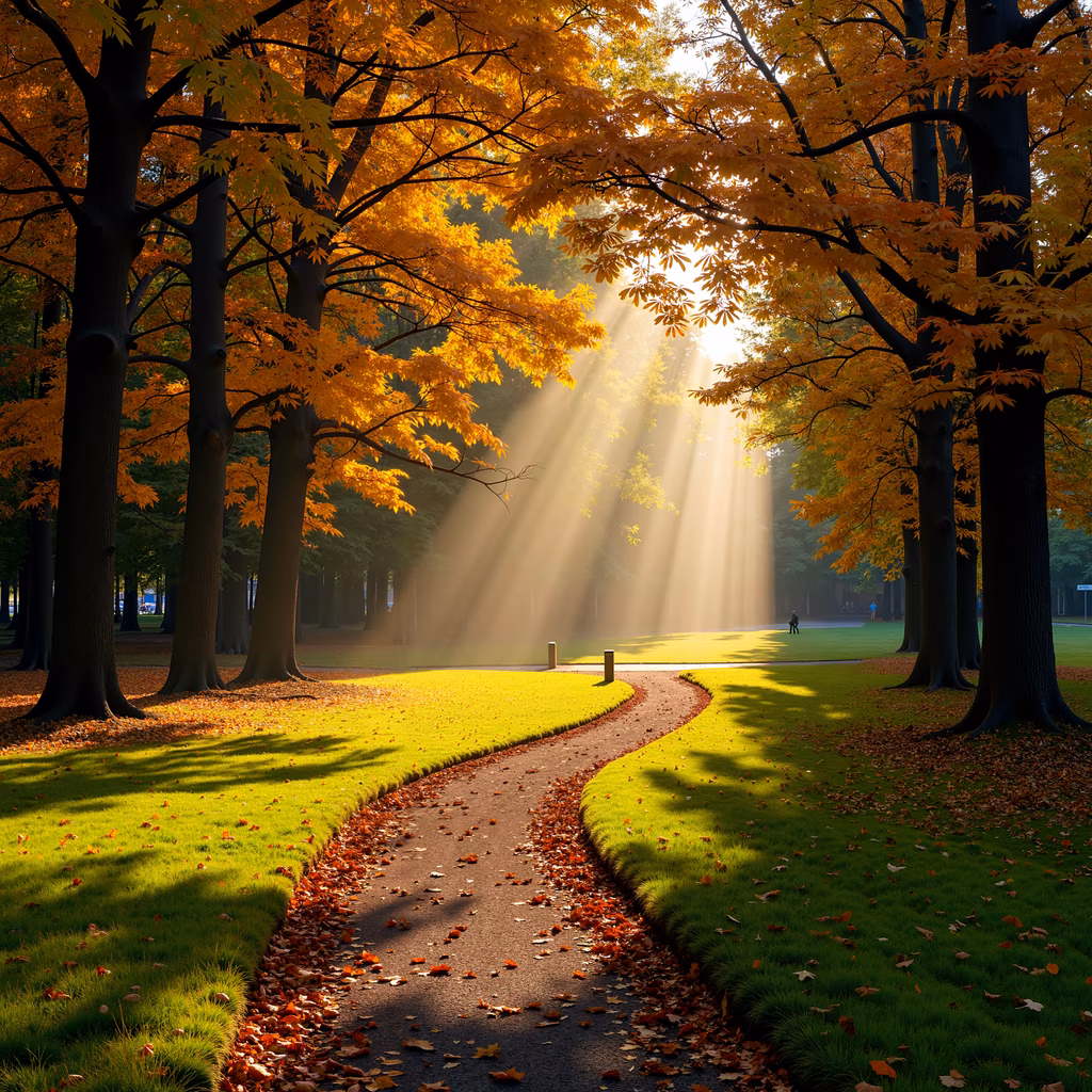 A tranquil autumn pathway surrounded by colorful foliage and leading to a sunlit opening.