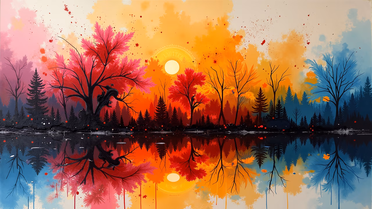 Vibrant autumn landscape with reflective water and warm sunset hues.