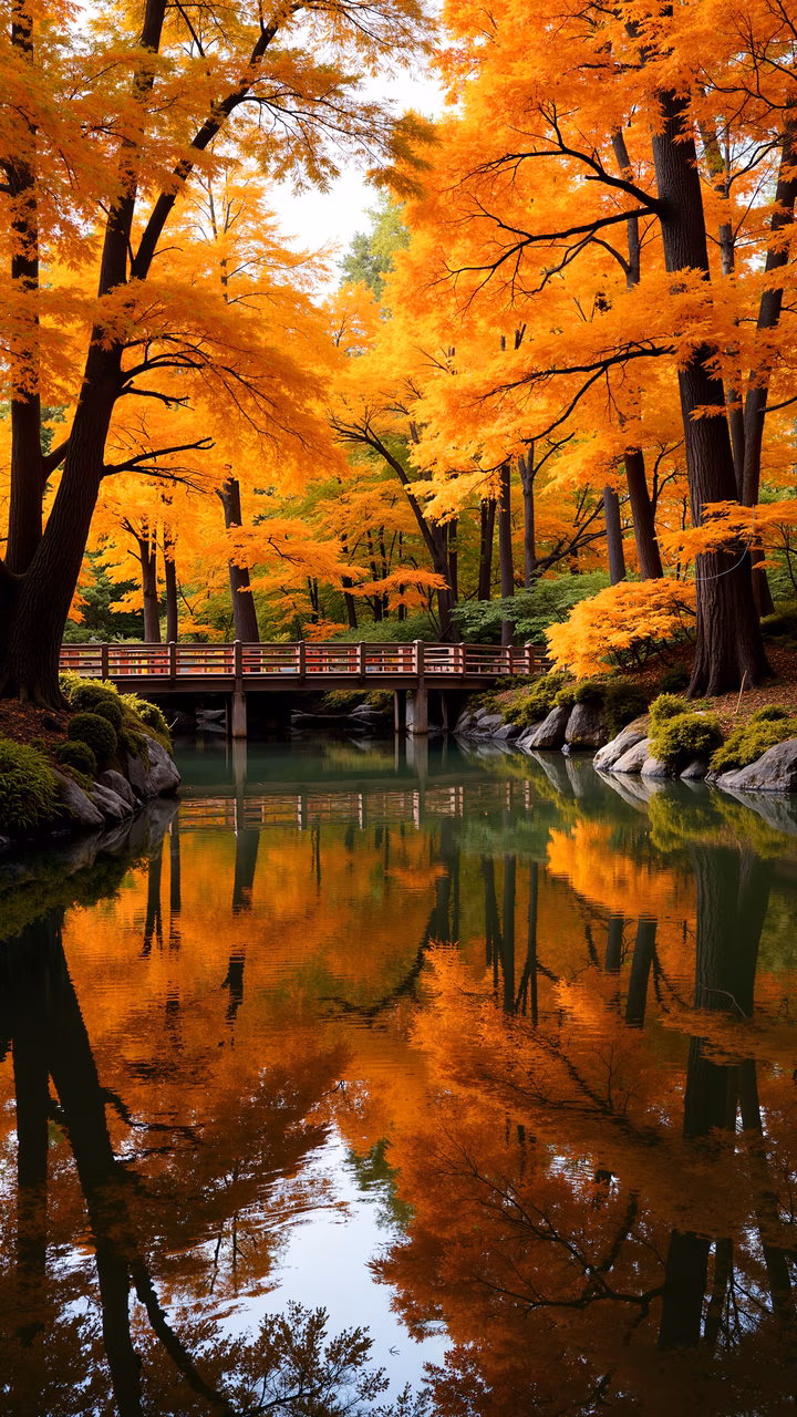 A peaceful autumn scene with vibrant reflections and a wooden bridge over a tranquil pond.