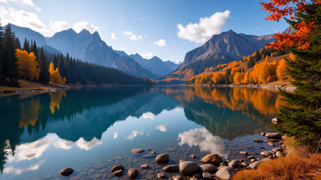 Vibrant autumn foliage reflected in a calm lake, surrounded by rugged mountains.