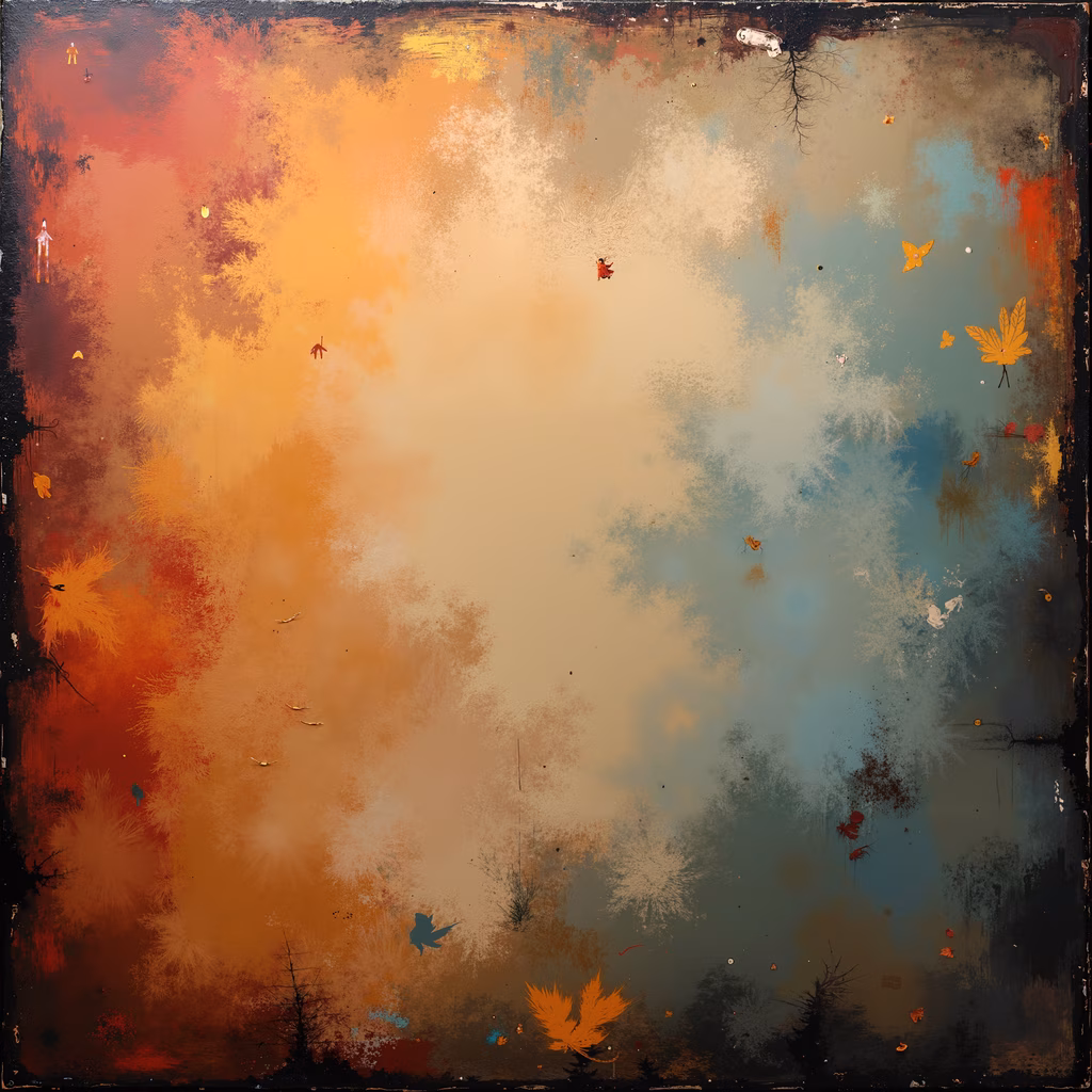 Abstract autumnal artwork featuring warm hues and a reflective surface with a solitary figure in red.