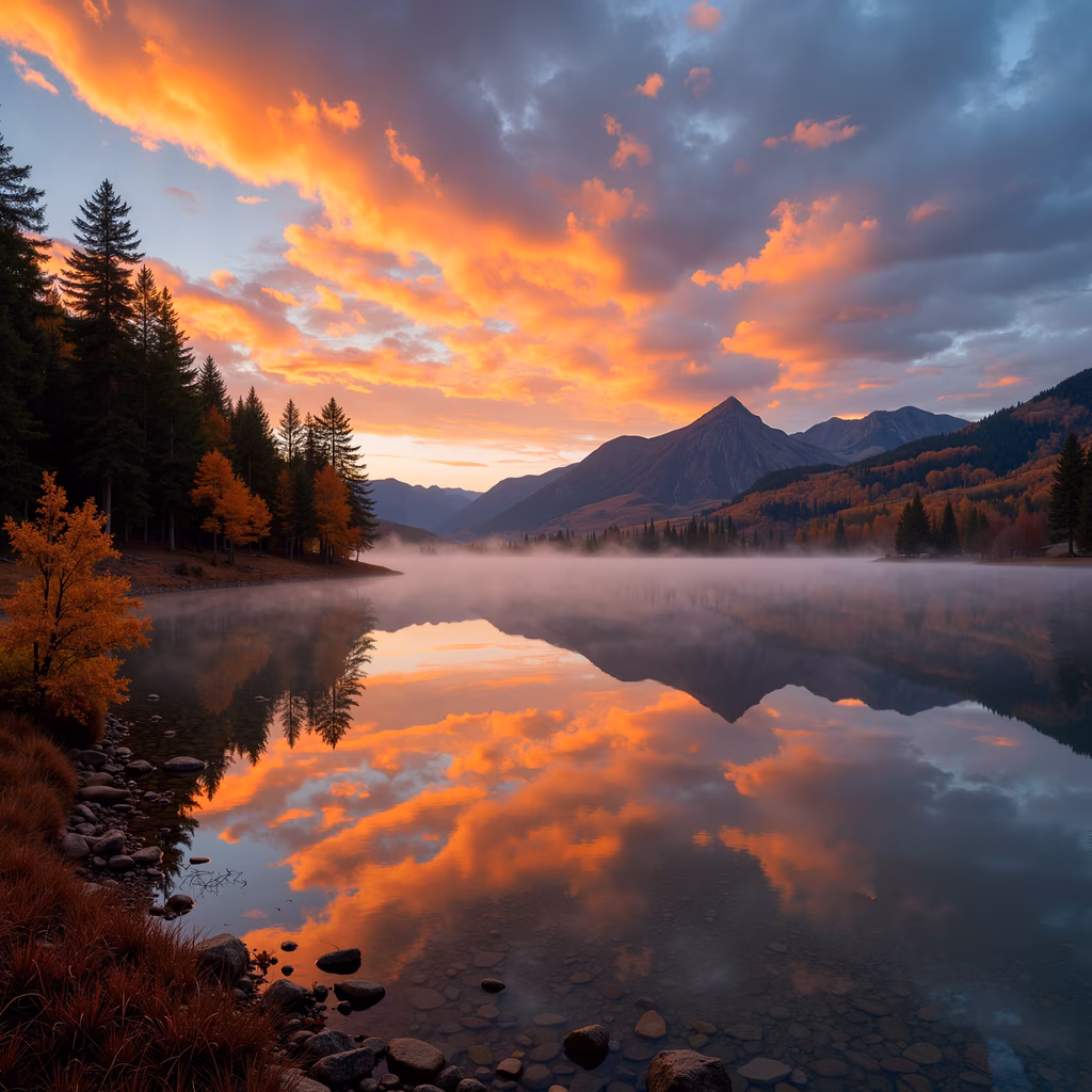 A breathtaking autumn landscape with a reflective lake, vibrant colors, and serene atmosphere.