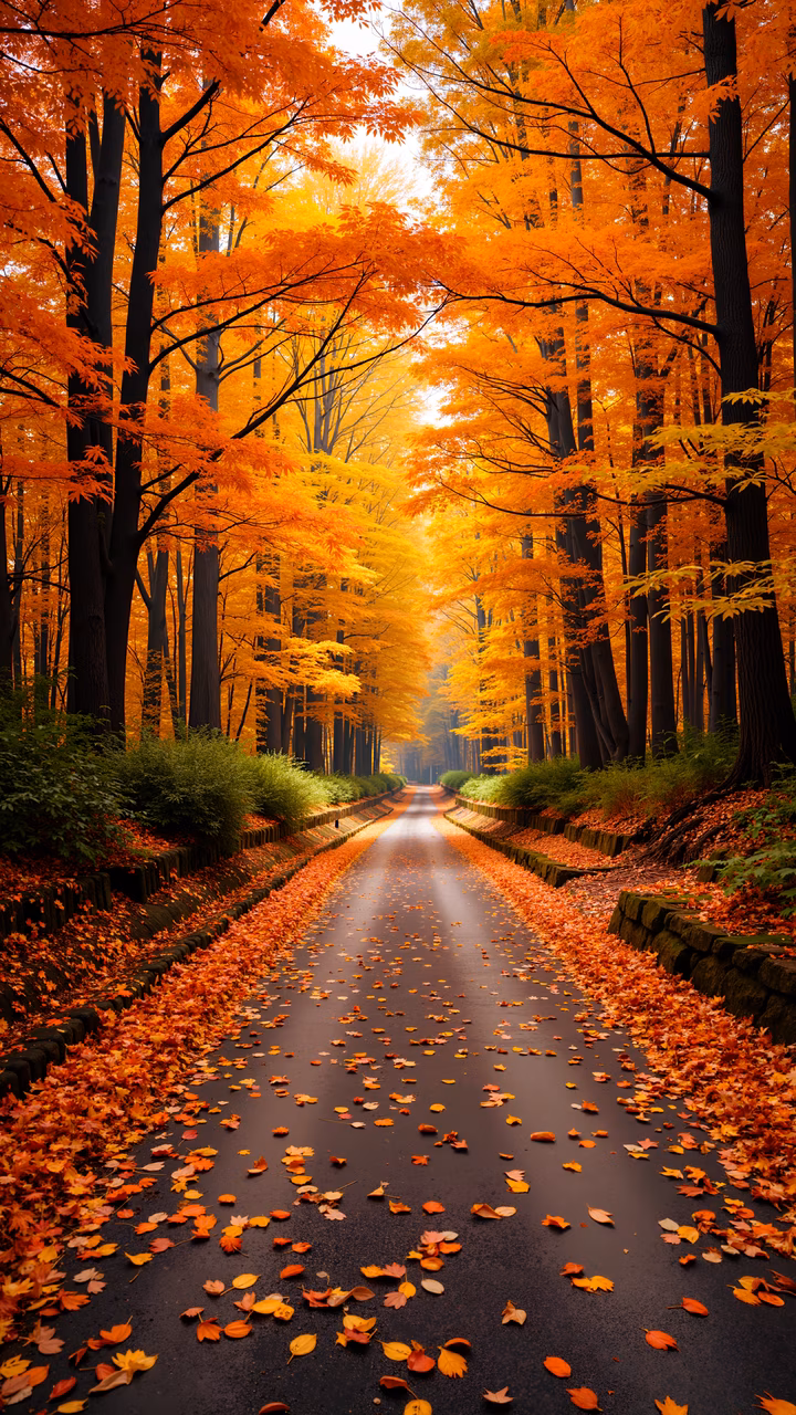 A tranquil autumn road with vibrant orange and yellow leaves, creating a mirror-like effect on the wet road.