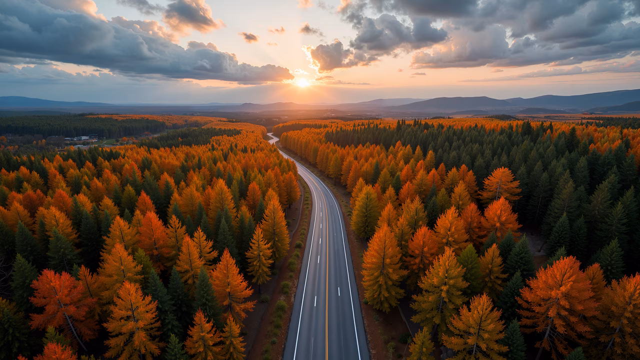 Aerial view of a winding road through a colorful autumn forest, capturing the beauty of nature in vivid hues.