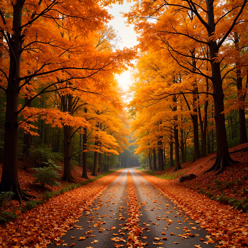 A tranquil autumn road lined with vibrant orange and yellow leaves, capturing the essence of fall's beauty.