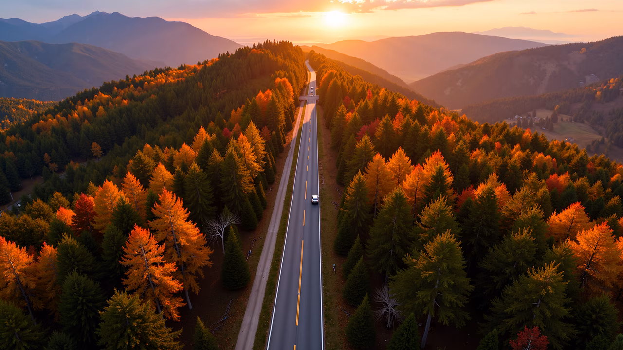 Aerial view of a scenic road trip through an autumn forest at sunset.