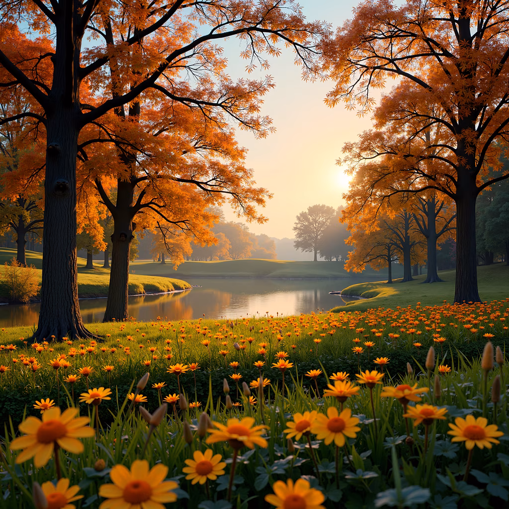 A peaceful autumn landscape with vibrant foliage and a tranquil lake at sunset.