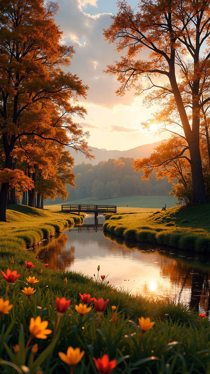 Vibrant autumn landscape with serene stream and soft sunlight.