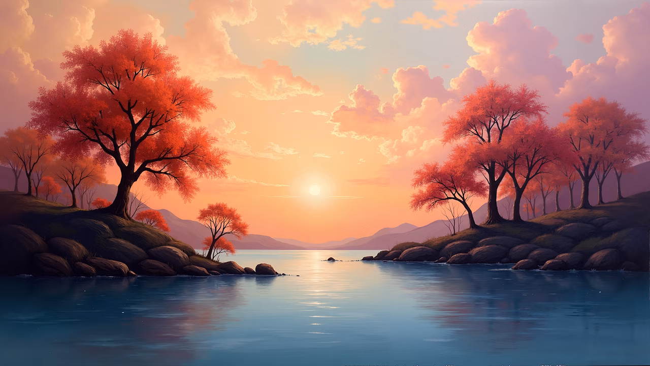 Vibrant autumn sunset over a tranquil lake, featuring red trees and distant mountains.