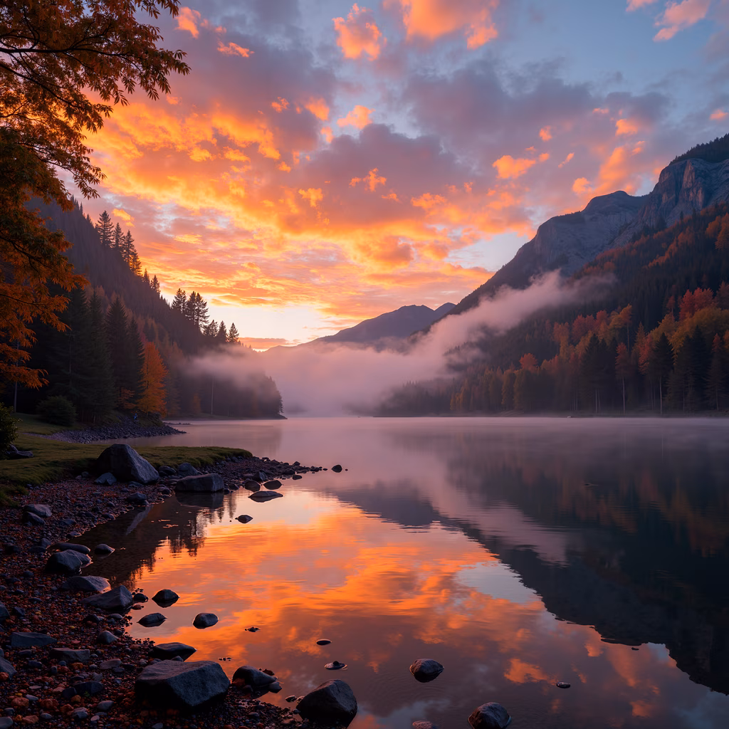 A breathtaking autumn sunset reflected in a peaceful lake, surrounded by mist and vibrant foliage.