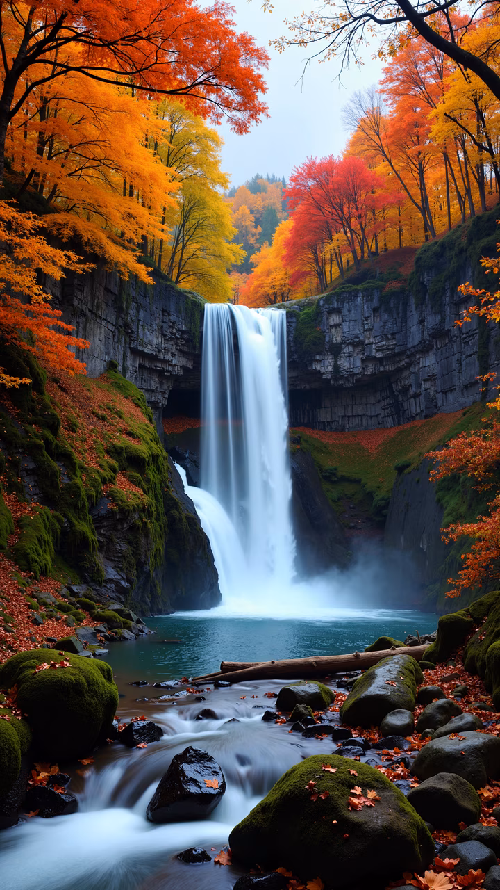 A stunning autumn waterfall scene with vibrant foliage and cascading water.