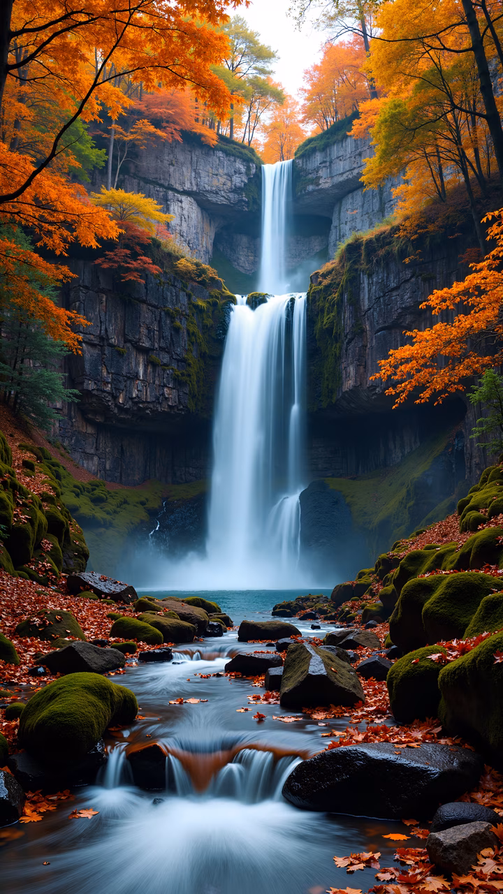 A tranquil autumn waterfall with vibrant foliage and smooth cascading water.