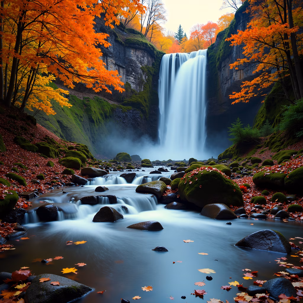 A stunning autumn scene with a waterfall and colorful foliage.
