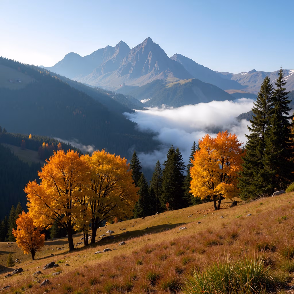 Vibrant autumn foliage meets misty mountains in a tranquil natural landscape.