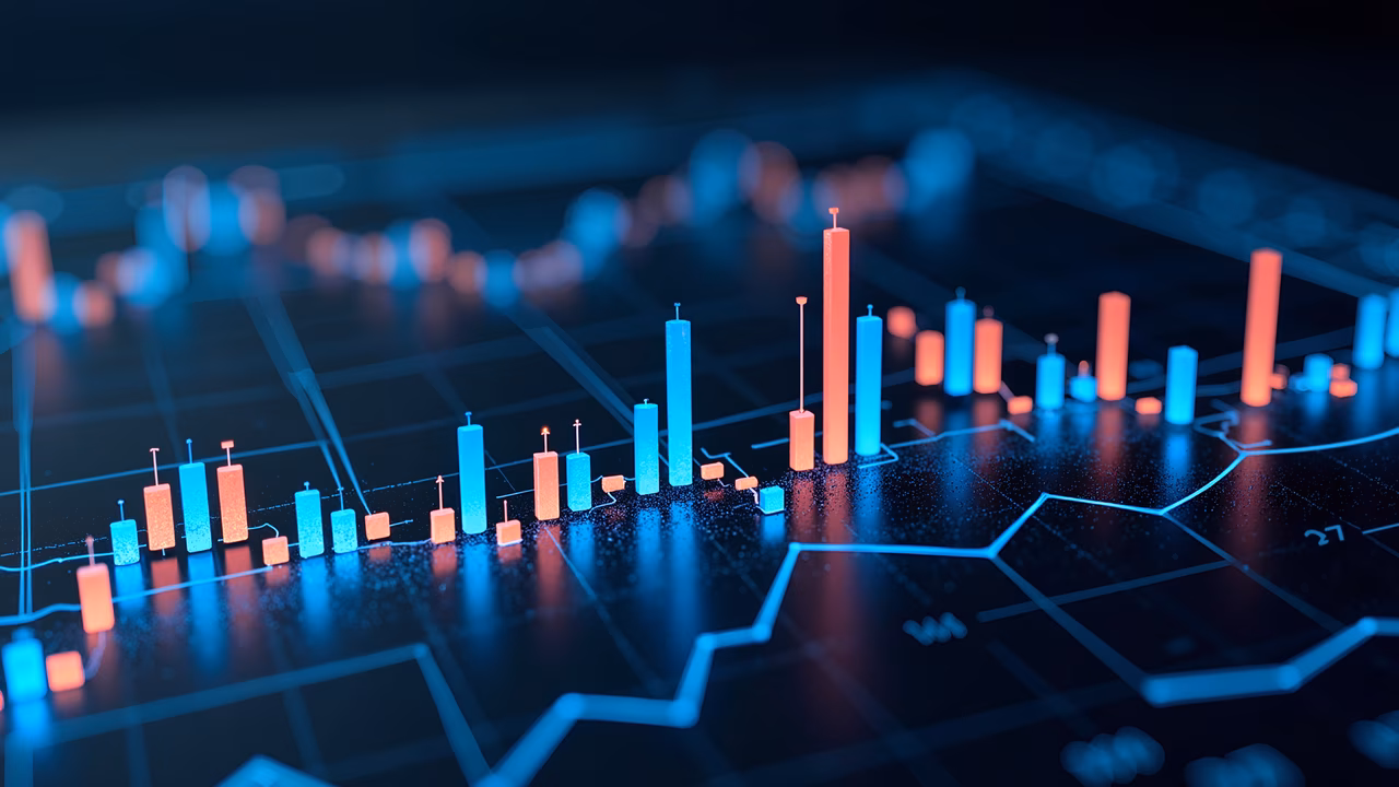 Vibrant bar chart visualization representing financial data with blue and red bars on a dark background.